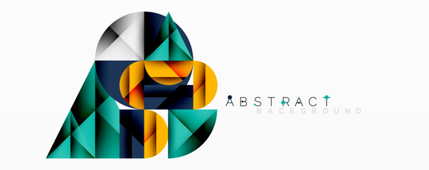 Geometric shapes create abstract design. Teal, orange, gray colors dominate composition. Modern aesthetic, clean lines present.