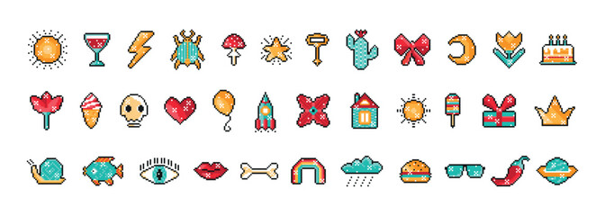 Colorful Pixel Art Set with Retro Game Assets. 8 bit pixel objects Vector illustration 