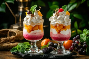Colorful layered dessert in a glass with whipped cream and fruit.