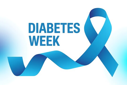 Diabetes week awareness campaign with blue ribbon on a white and light blue background