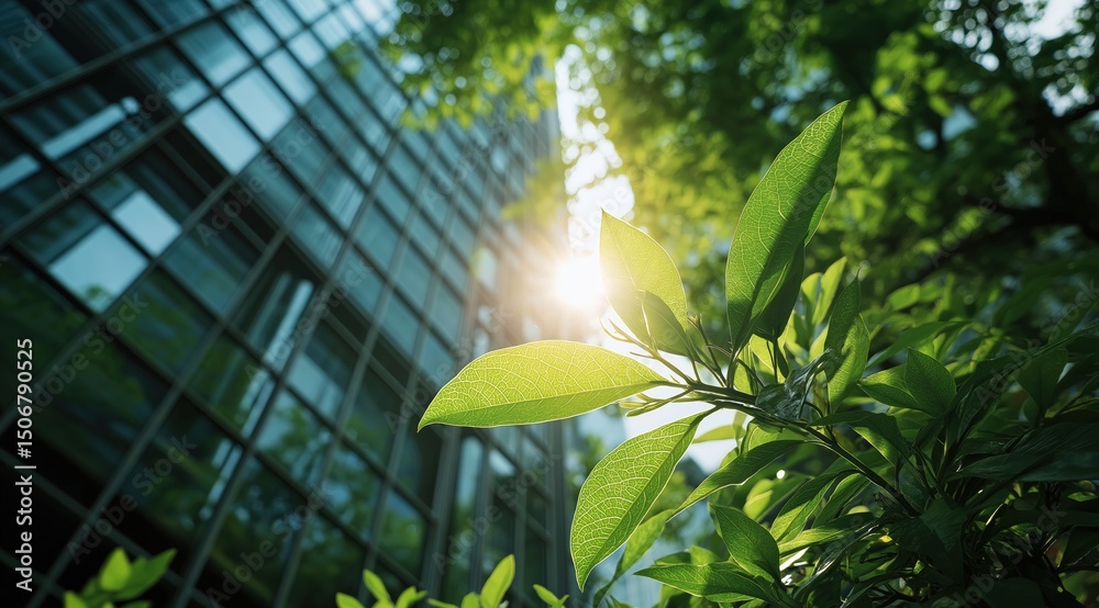Poster sunlight filtering through green leaves in front of modern building