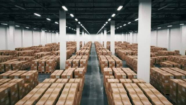 A spacious warehouse is organized with rows of stacked boxes, showcasing efficient inventory management. Workers prepare goods for shipping, ensuring timely deliveries.