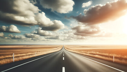 A long, empty highway stretching into the horizon under a partly cloudy sky