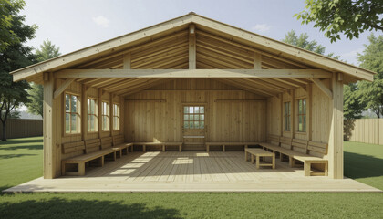 wooden pavilion with open sides and gabled roof stands in grassy area, surrounded by trees. structure features benches along walls, providing serene and inviting space