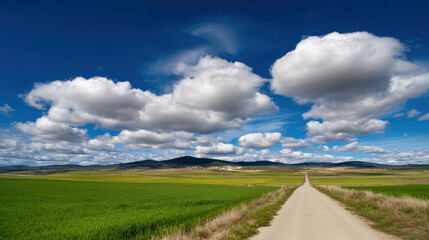 Wide road into distance, flanked by green fields and blue sky. High-definition, horizontal composition. Serene beauty.
