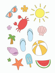 Cute summer graphic element vector colorful illustration. Hand drawn doodle of summer objects in flat style. Ball, sun, watermelon, clams, etc for asset, graphic element, poster, design, banner
