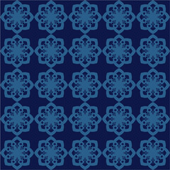 Seamless Geometric Pattern Featuring Detailed Floral Motifs in Blue Shades