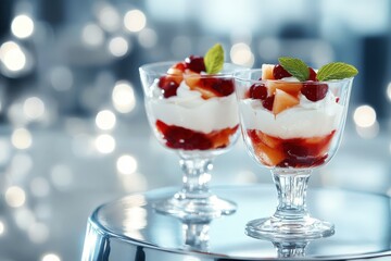 Two dessert glasses filled with layered fruit and cream.