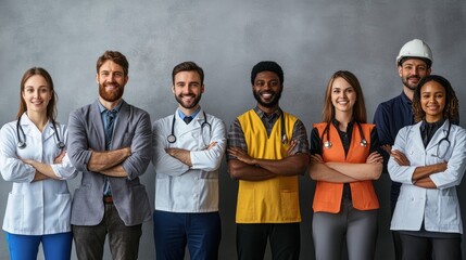 A professional studio portrait of diverse workers from different industries