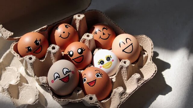Cheerful painted eggs with expressive faces displaying happiness, sitting inside cardboard carton against white background, showcasing playful anthropomorphic personalities