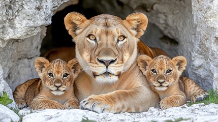 Majestic Lioness with Two Adorable Lion Cub's Portrait in Cave