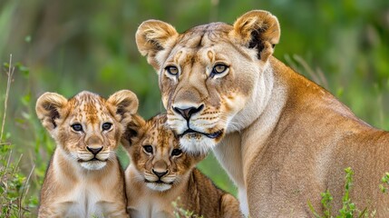 Lioness with Two Playful Cubs in Natural Habitat at Sunset