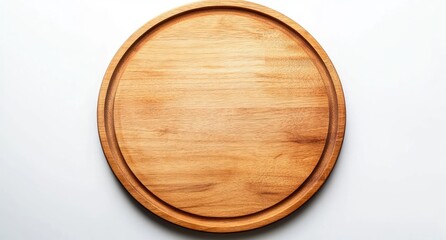 A round, light-brown wooden cutting board with a slightly raised edge, sits on a white background