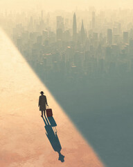 A traveler pulling a suitcase that grows heavier with each step, symbolizing the burdens and challenges faced on life's journey