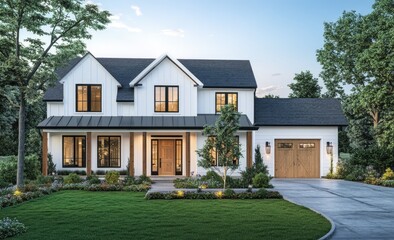 Two-story white farmhouse with dark gray roof, wood accents, and a three-car garage, nestled in a landscaped lawn at dusk