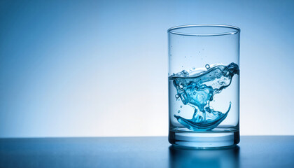 Water splashing in glass on modern countertop with blue background  