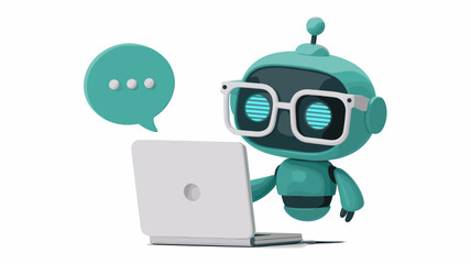 Blue Robot Using a Laptop with a Speech Bubble Indicating Communication  
