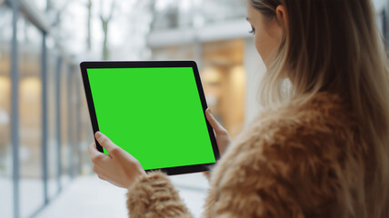 female architect holding digital tablet and green screen.