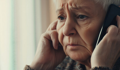 Close-up of elderly woman holding smartphone with concerned expression, suggesting distress, bad news, or emotional conversation during a phone call.