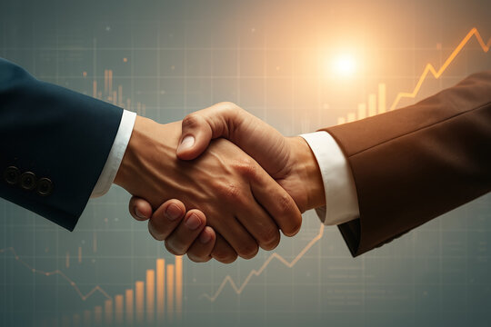 Two professionals shaking hands in front of rising bar and line graphs, symbolizing successful business deal, partnership, and financial growth.