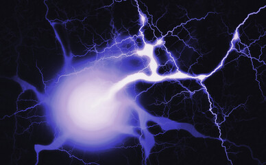 Electric discharge background. Electricity visual effect for design. Electrification, Technology, Green Energy Concept. Close up horizontal image.