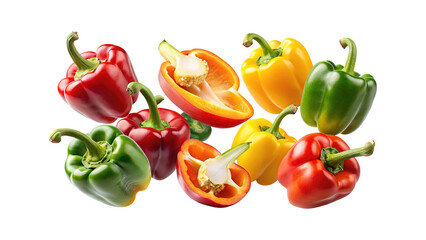 An isolated collection of colorful bell peppers, both whole and halved, on white