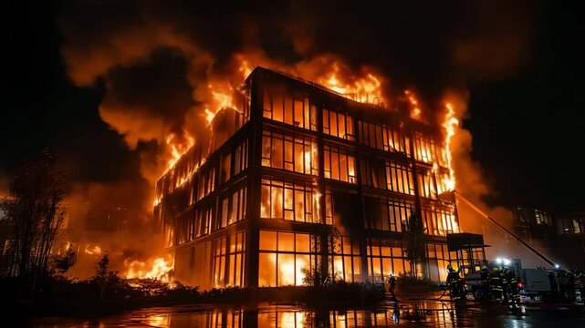 A building is on fire with firefighters trying to put it out. The building is a large, modern structure with many windows. The fire is intense and spreading quickly. The scene is chaotic and dangerous