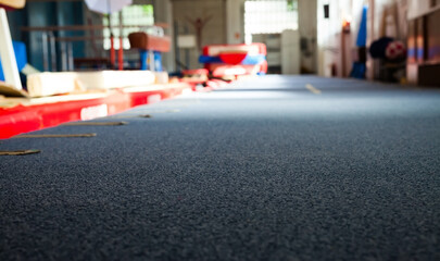 Interior of gym with old exercise machines, parallel bars and pommel horse