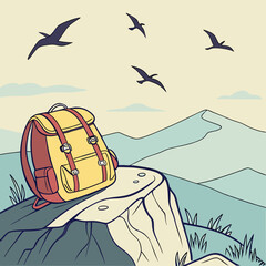 backpack on rock with birds flying overhead
