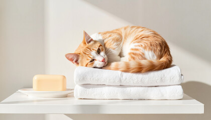 Ginger cat laying on clean stacked white towels in sunny bathroom  