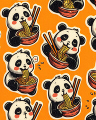 An expressive baby panda eating ramen noodles, adding playful and adorable energy to a whimsical scene