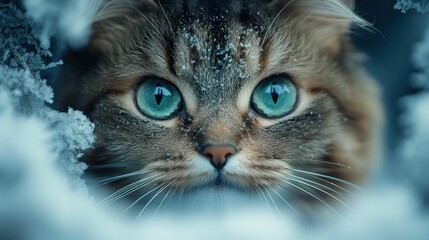 Closeup of cat with blue eyes in snow