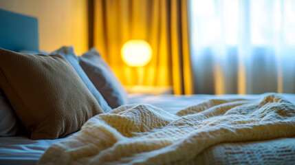Close-up of a bed with an orange lamp in the background