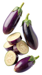 Beautiful display of fresh eggplants featuring whole and sliced on white background