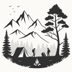 camp scene with mountains in background black sil
