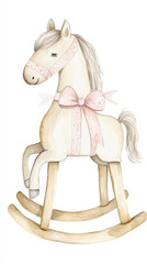 Watercolor Painting of a Rocking Horse. A charming watercolor illustration of a vintage rocking horse, perfect for children. Decorated with pink bows, this adorable toy is a sweet touch.