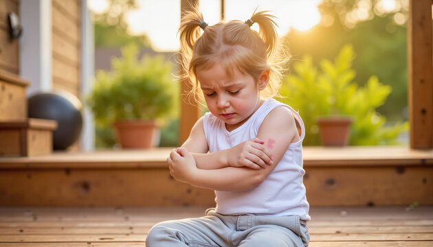 Young girl sitting on wooden deck and scratching itchy bug bites  