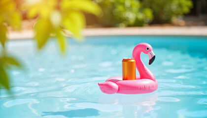 Pink flamingo pool float with drink can in sunny swimming pool 