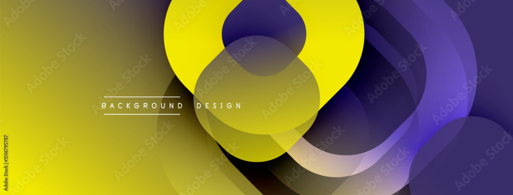 Fototapete Abstract composition. Overlapping circles, gradients, yellow, purple hues create dynamic visual effect. Modern design element.