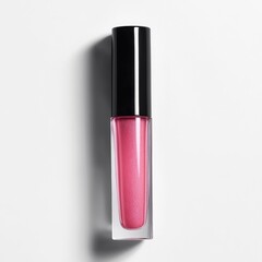 A single tube of shimmering pink lip gloss with a black cap, shown against a stark white background