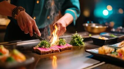Skilled chef prepares sizzling tuna steak with fresh herbs in a vibrant kitchen during an evening dining experience