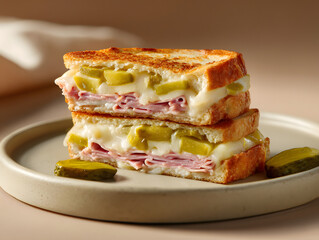 close-up of a cuban sandwich cross-section on a matte ceramic plate with scattered pickles