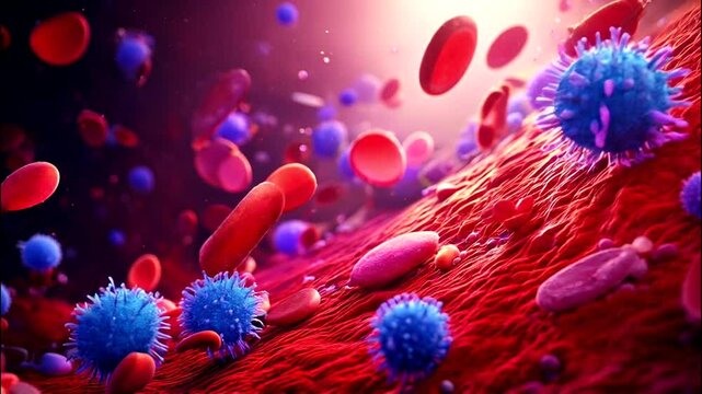 3D Animation of Microscopic View of Flowing Red Blood Cells, White Blood Cells, and Platelets in Blood Stream. Medical Illustration. 4K