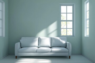 Fototapeta premium Light-blue room with sofa, two windows, and sunlight streaming in. Minimalist and serene atmosphere