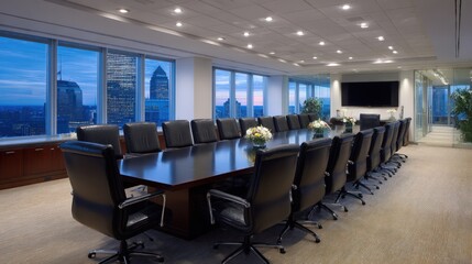 Elegant boardroom with city skyline view at dusk