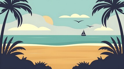 Fototapeta premium Vibrant Tropical Beach Illustration with Palm Trees, Sailboat, and Sunset, Perfect for Summer, Vacation, and Travel-Themed Designs