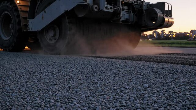 Powerful road roller compacting gravel surface during sunset, highlighting industrial road construction process with heavy machinery working on site