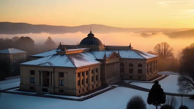 Canberra, Australia, winter morning, Parliament House, light dusting of snow on the rooftops, fog rolling in from the surrounding hills