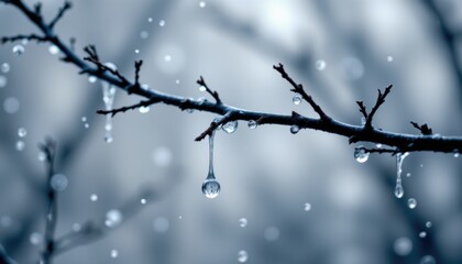 Exquisite macro photography, water droplets adorning a branch in nature's embrace