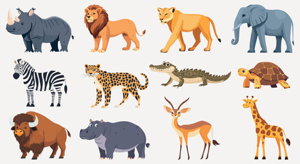 Fototapeta premium Colorful illustrated wild animals, element vector set